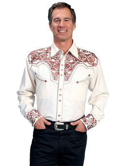 Мужская ковбойская рубашка SCULLY с вышивкой в виде растительных орнаментов, NATURAL 
