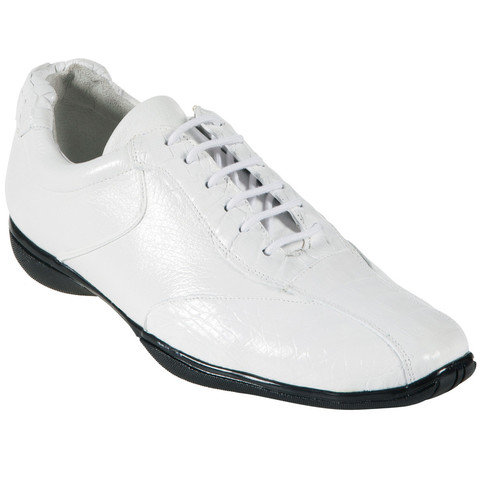 Мужские спортивные туфли из кожи оленя и каймана, цвет White Мужские спортивные туфли цвета White выполнены из двух видов дорогой и качественной кожи - оленя и каймана. Данная обувь производится исключительно вручную, в Мексике. Туфли предназначены для ношения в непринуждённой обстановке с одеждой свободного стиля кэжуал.