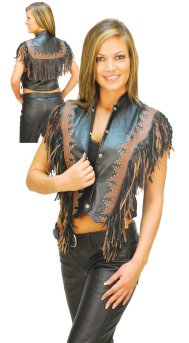 Женский кожаный жилет с отделкой аппликацией и кожаной бахрамой